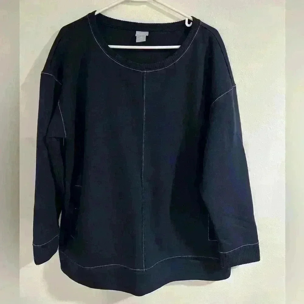 CHICO'S Zenergy Contrast Stitch Navy Blue Tunic Sweatshirt Sweater Size 2 used